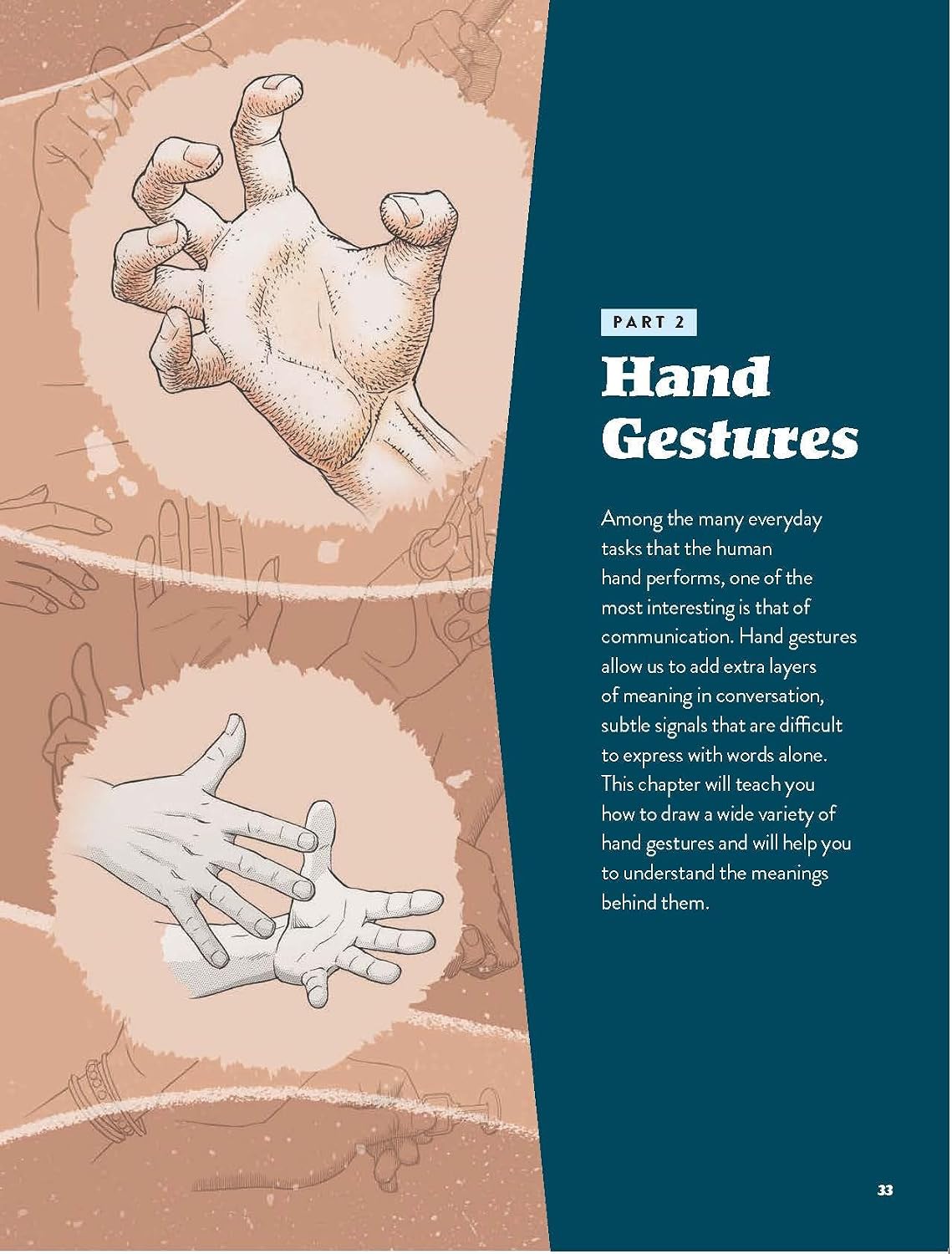 A page from an educational book or guide titled 'Hand Gestures' under 'Part 2', featuring hand-drawn illustrations of hand gestures on a beige background with a dark teal text column on the right.