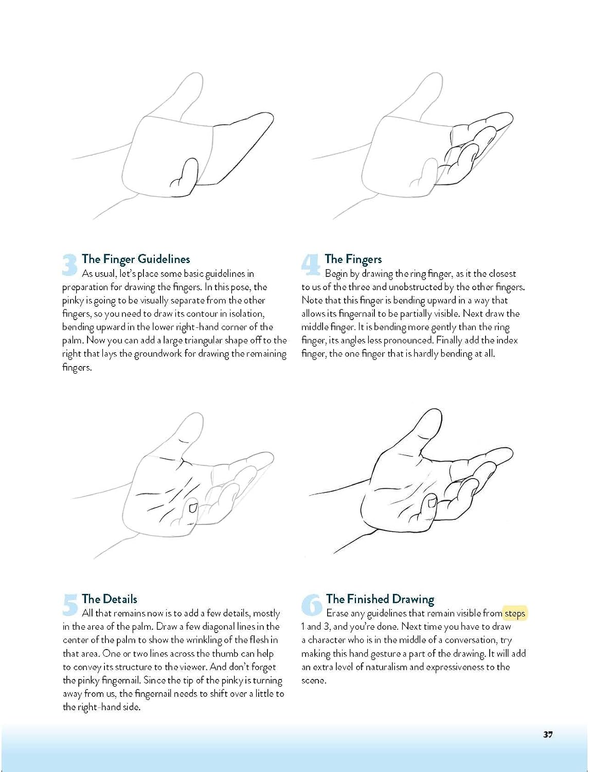 A printed instructional page showing six numbered steps with simple line drawings of hands and short paragraphs of text, titled 'The Finger Guidelines' and 'The Fingers,' on a white background.
