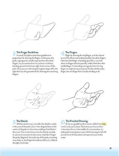 A printed instructional page showing six numbered steps with simple line drawings of hands and short paragraphs of text, titled 'The Finger Guidelines' and 'The Fingers,' on a white background.