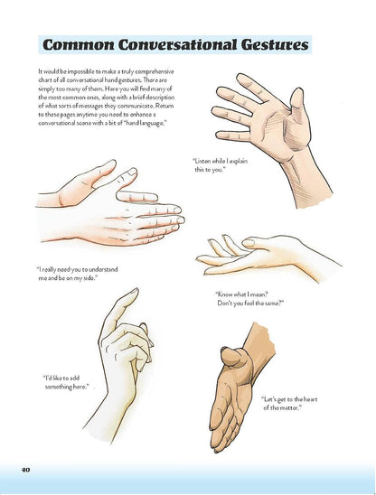 A printed educational page titled 'Common Conversational Gestures' showing six illustrated hand and arm gestures with short caption labels on a white page with a blue gradient footer.
