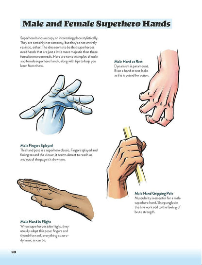 Illustrations of male and female superhero hands with descriptions and tips on posture.