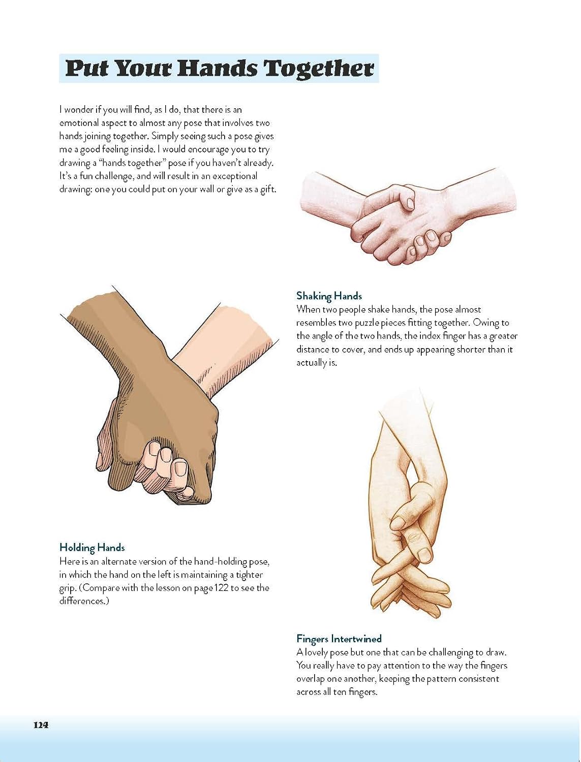 A printed instructional page titled 'Put Your Hands Together' showing three labeled hand positions with explanatory text: Shaking Hands, Holding Hands, and Fingers Intertwined. The page includes small photos of hands demonstrating the poses on a white background.