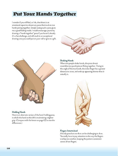 A printed instructional page titled 'Put Your Hands Together' showing three labeled hand positions with explanatory text: Shaking Hands, Holding Hands, and Fingers Intertwined. The page includes small photos of hands demonstrating the poses on a white background.