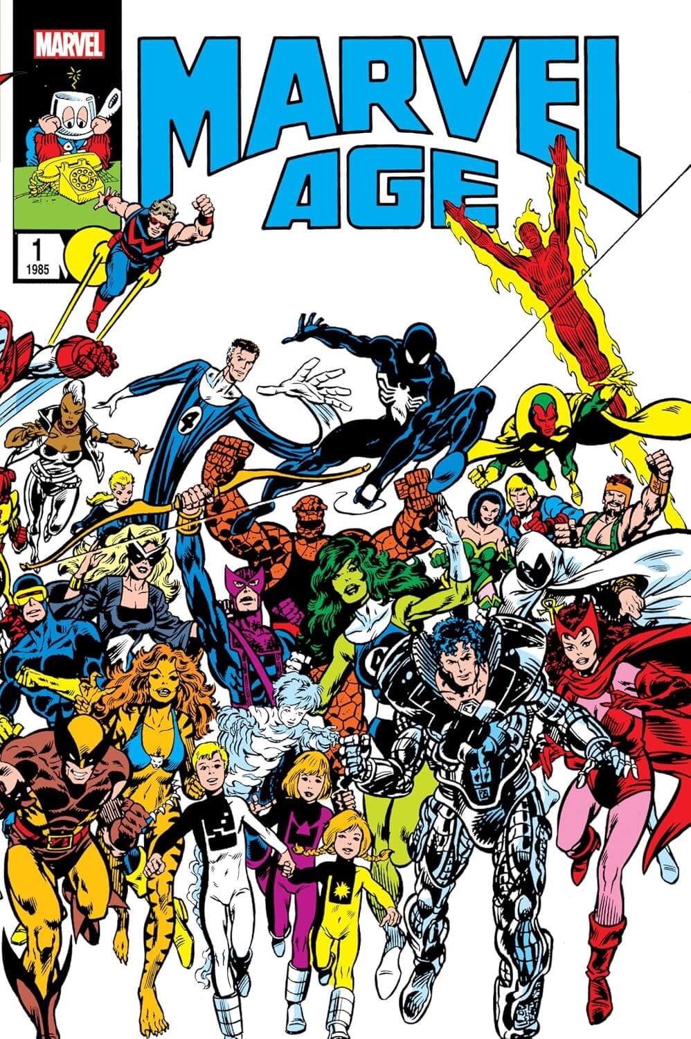 Marvel Age #1 omnibus book cover featuring a large group of classic Marvel superheroes and villains in colorful comic-style illustration under a bold blue title.