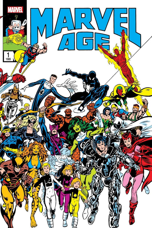 Marvel Age #1 omnibus book cover featuring a large group of classic Marvel superheroes and villains in colorful comic-style illustration under a bold blue title.