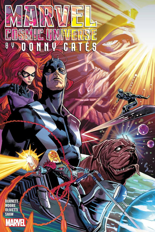 Cover of the 'MARVEL COSMIC UNIVERSE BY CATES OMNIBUS HC VOL 01' featuring illustrated characters Iron Man, Captain Marvel, and the Silver Surfer against a space-themed backdrop.