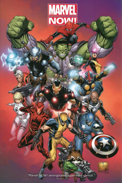 Marvel superhero characters in a group pose with 'Marvel NOW!'.