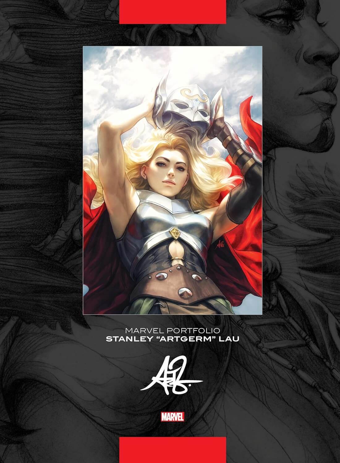 Marvel Portfolio comic book cover featuring a central illustrated portrait of Thor with a red cape and helmet against a black-and-gray illustrated background with red bars at the top and bottom.