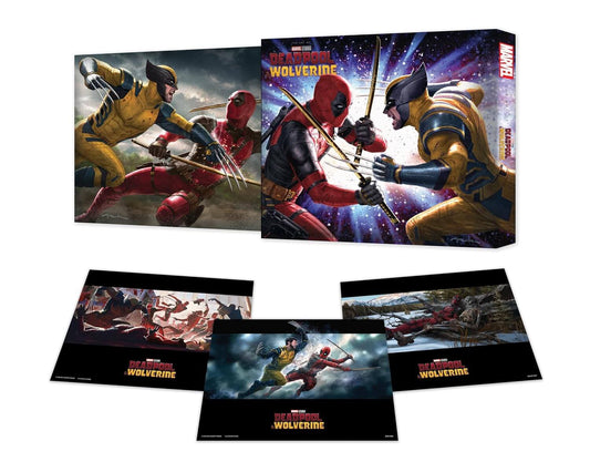 Marvel Deadpool and Wolverine action figures with packaging and character cards on a white background