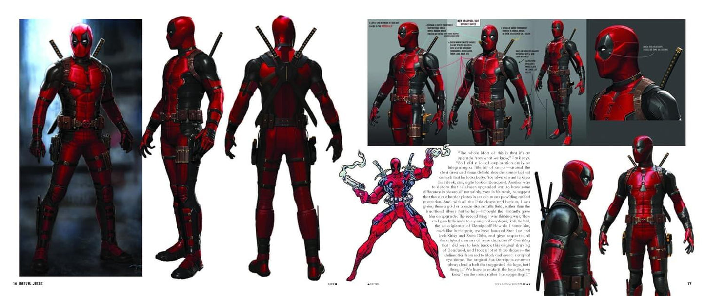 Illustrations of a red and black superhero in various poses and angles.