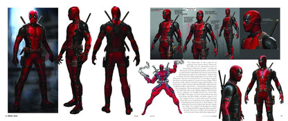 Illustrations of a red and black superhero in various poses and angles.