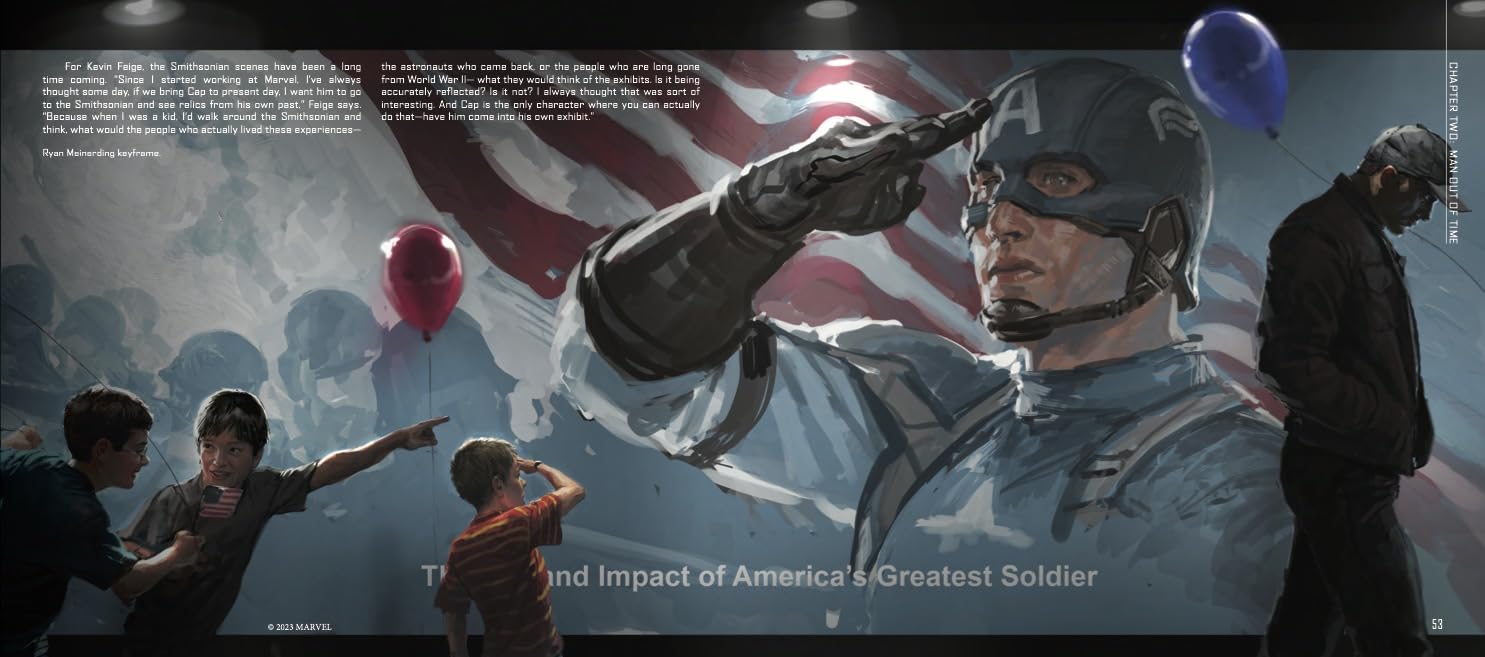 A large wall mural or poster featuring a saluting Captain America in front of an American flag, with children and a man in the foreground and text panels on the left side.