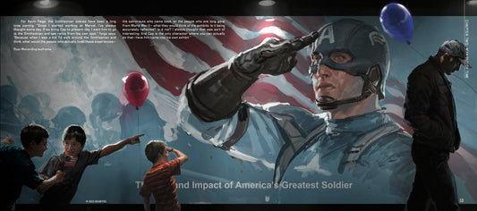 A large wall mural or poster featuring a saluting Captain America in front of an American flag, with children and a man in the foreground and text panels on the left side.