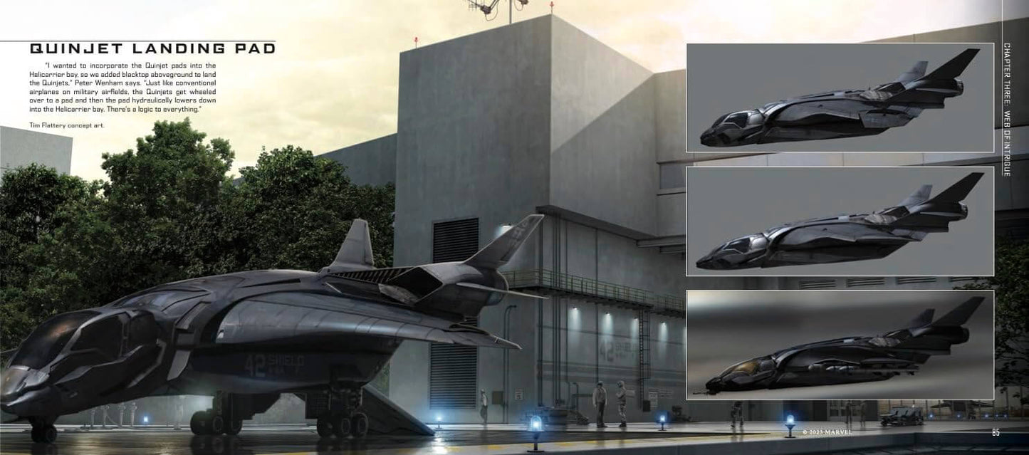 A digital concept art image featuring a sleek black futuristic quadjet aircraft on a runway in front of a modern concrete hangar, with three smaller inset views of the aircraft from different angles on the right and text on the upper left reading 'QUINJET LANDING PAD'.