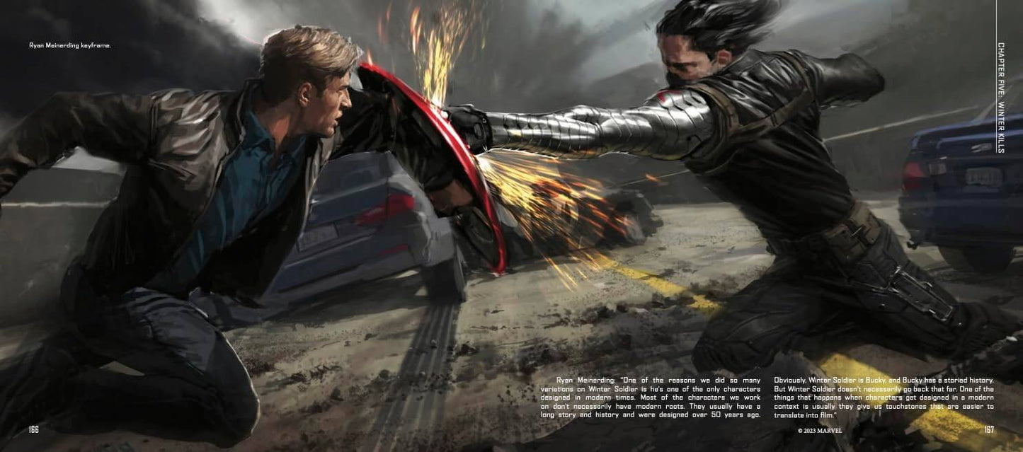 A dramatic comic-style action scene showing two male characters in dark clothing fighting with a red shield in a smoky street setting with cars and sparks. Small text appears along the left and right margins.