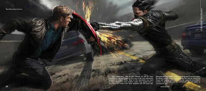 A dramatic comic-style action scene showing two male characters in dark clothing fighting with a red shield in a smoky street setting with cars and sparks. Small text appears along the left and right margins.