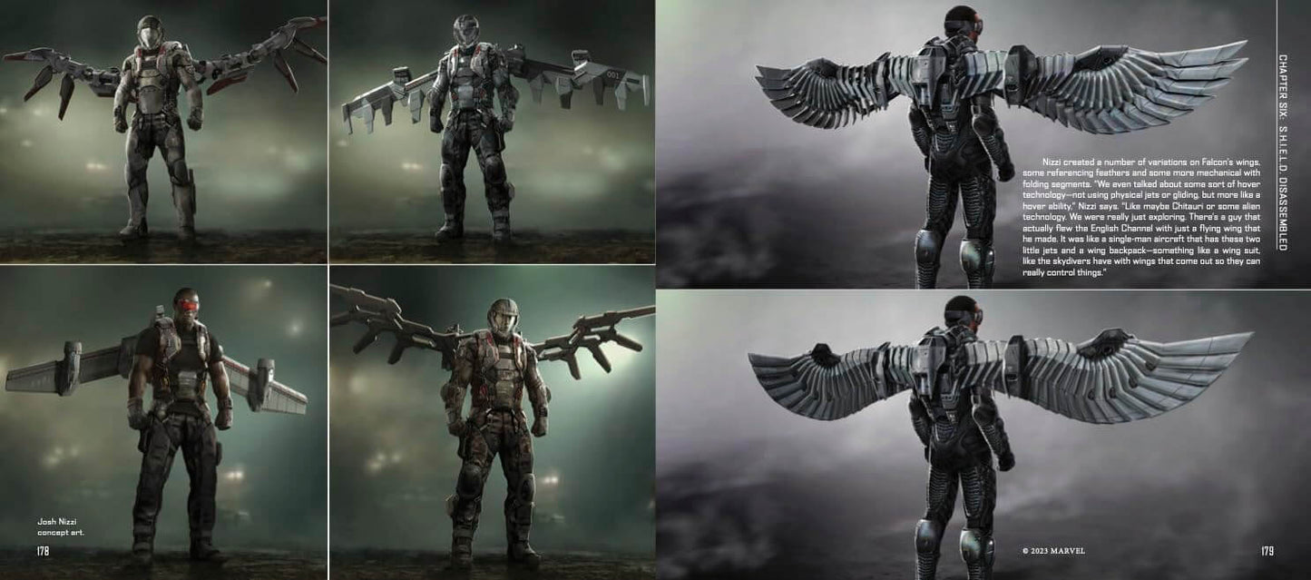 A six-panel promotional collage showing a winged armored character in various poses, with dramatic dark stormy backgrounds and one panel containing descriptive text. The character resembles a superhero or fantasy warrior with large spread wings and metallic armor.