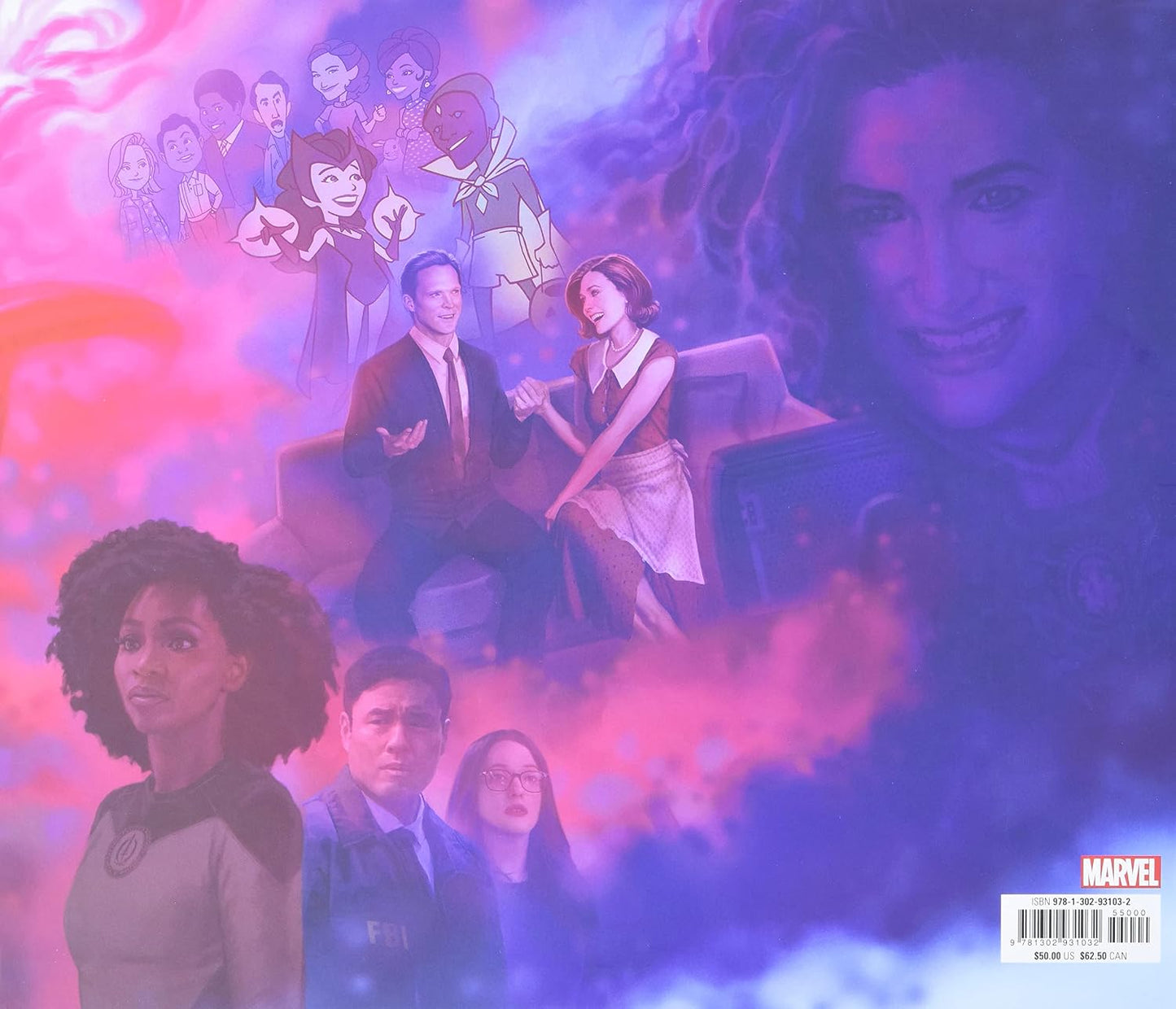 Marvel comic book cover featuring multiple illustrated and photographed characters in a colorful purple and pink composition, with a Marvel logo and barcode in the bottom right corner.