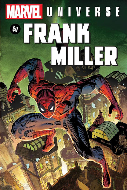 Marvel Universe by Frank Miller comic book cover featuring Spider-Man in a red and blue suit flying over a cityscape at night.