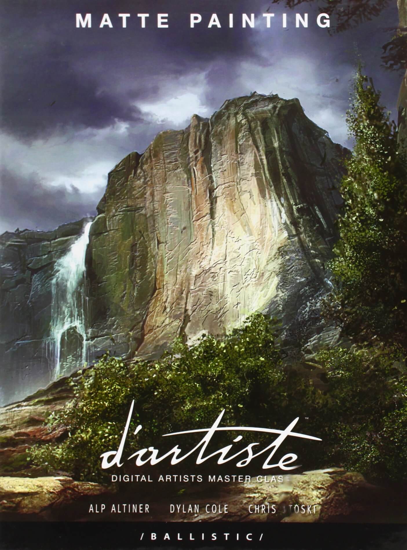 Matte Painting d'artiste Digital Artists Master Class / Ballistic cover featuring a dramatic digital painting of a waterfall cascading down a massive rocky cliff under a stormy sky, with text overlays at the top and bottom.