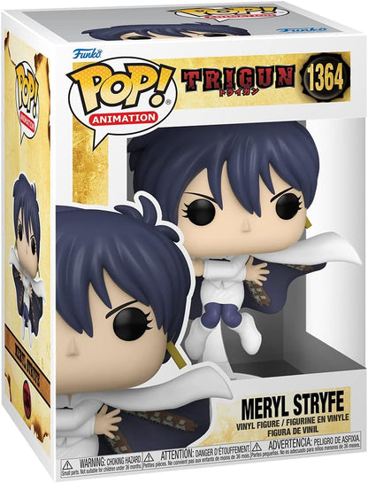 Funko Pop! vinyl figure packaging for Meryl Stryfe from Trigun, with branding and product details.