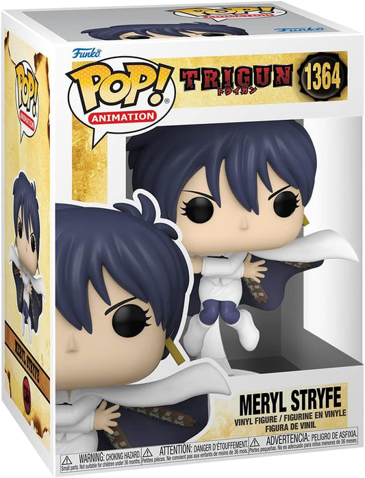 Funko Pop! vinyl figure packaging for Meryl Stryfe from Trigun, with branding and product details.