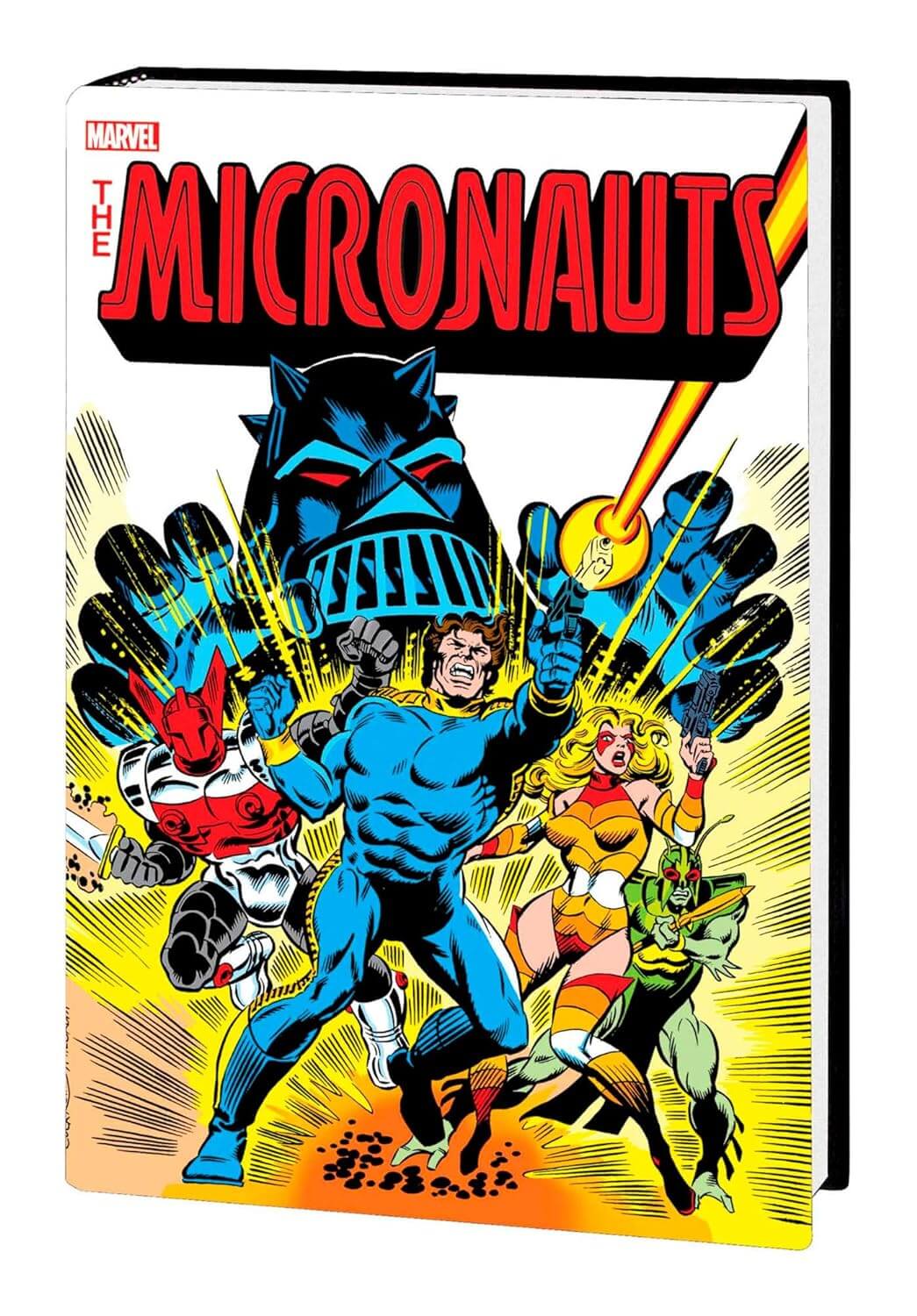 The Micronauts comic book cover shown as a physical book with a black spine, featuring colorful Marvel comic art on a white background.