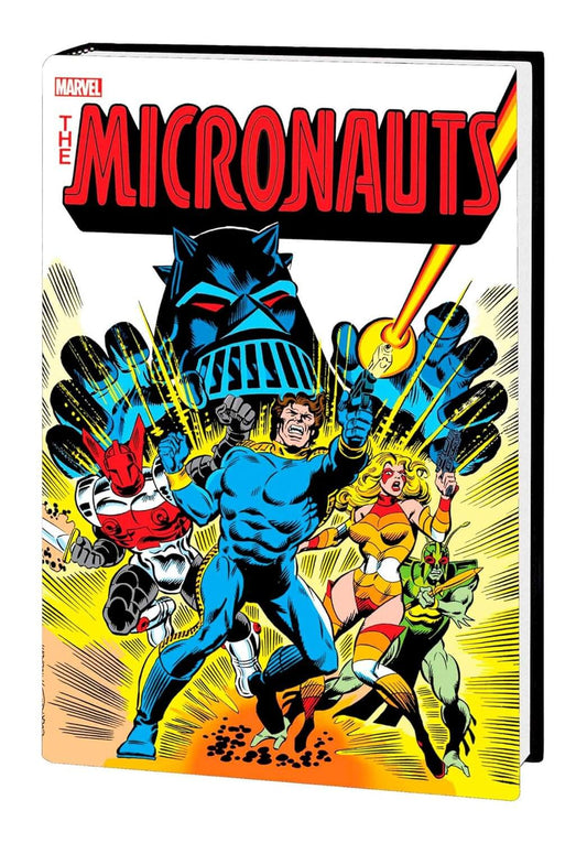 The Micronauts comic book cover shown as a physical book with a black spine, featuring colorful Marvel comic art on a white background.