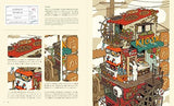 Illustrated book page with a detailed illustration of a toy town and text.