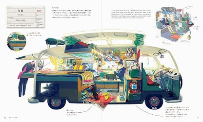 Illustrated van interior with various items and a person inside, on a white background.