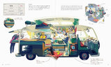 Illustrated van interior with various items and a person inside, on a white background.