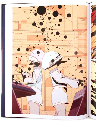 An open book or art print showing an illustrated scene with two white-suited figures wearing helmets, standing in front of a tan geometric background with black circular splatters. The left page edge and part of another illustrated page are visible.