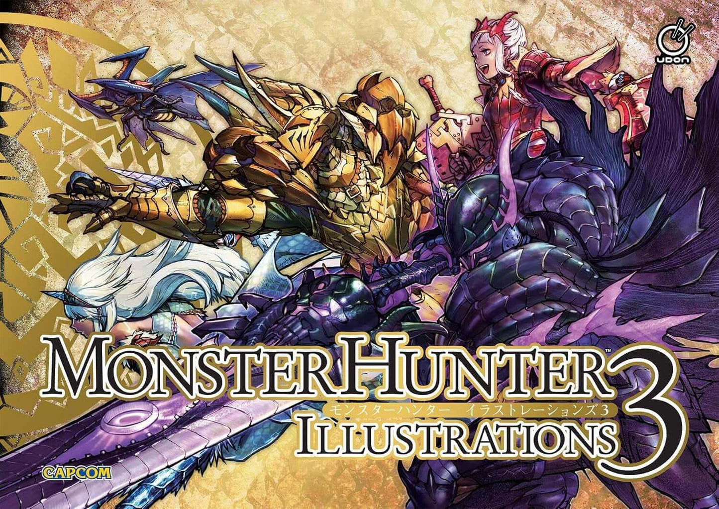 Hardcover front cover of the Monster Hunter Illustrations 3 official art book by Capcom featuring character and creature designs from Monster Hunter 4 Ultimate