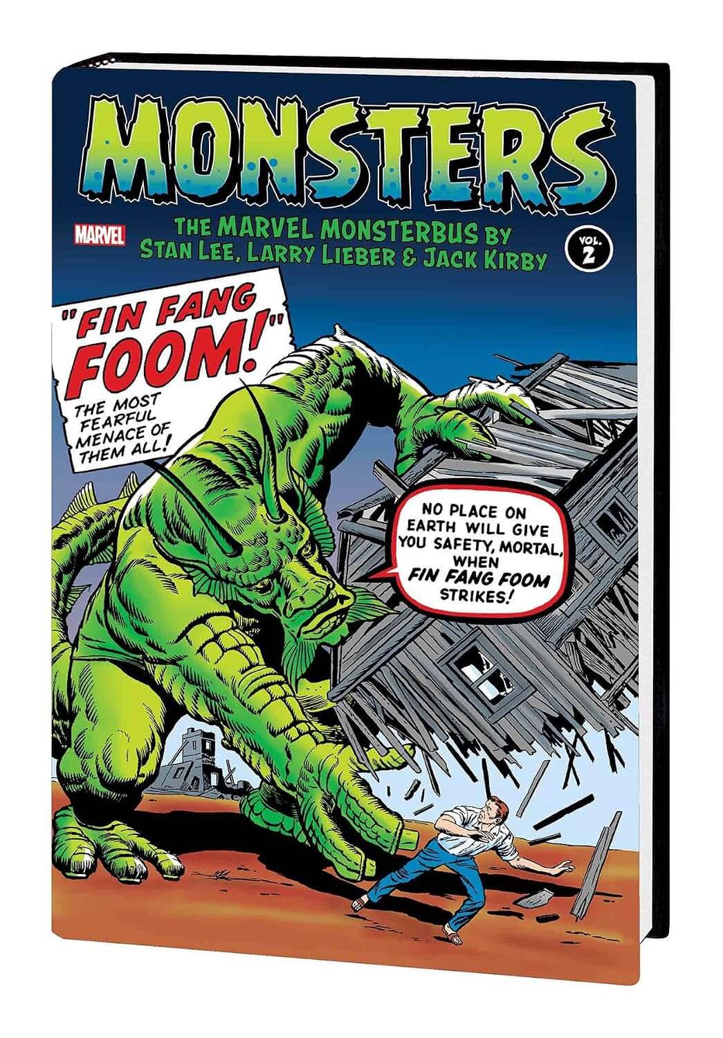 A hardcover book of Marvel's 'Monsters: The Marvel Monsterbus' comic, featuring classic comic art of a giant green creature attacking a man, with the title 'MONSTERS' in large yellow letters at the top.