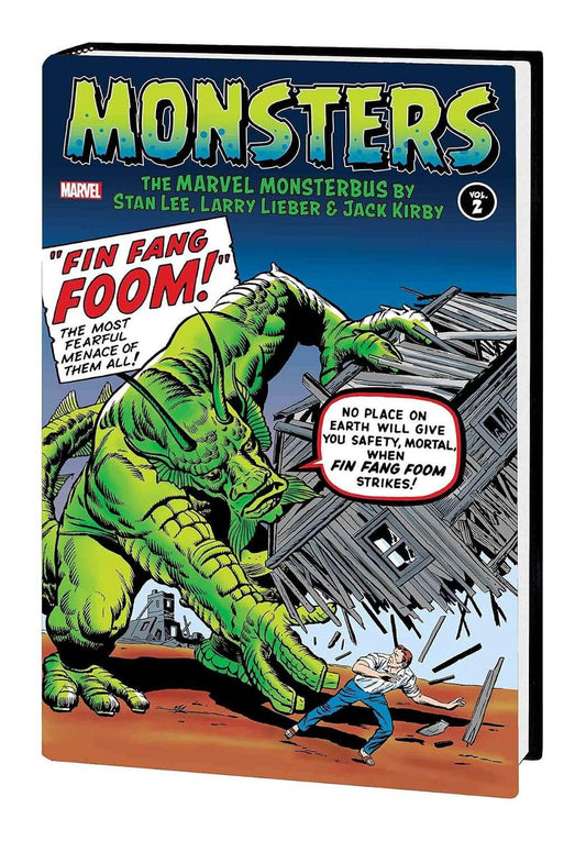 A hardcover book of Marvel's 'Monsters: The Marvel Monsterbus' comic, featuring classic comic art of a giant green creature attacking a man, with the title 'MONSTERS' in large yellow letters at the top.