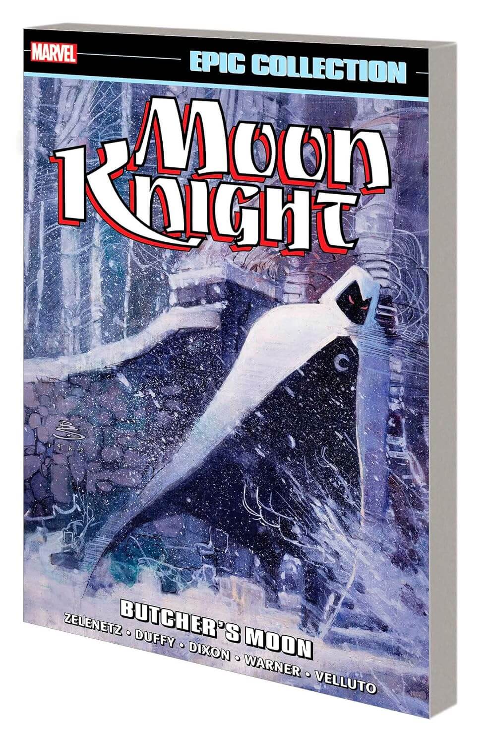 Comic book titled 'Moon Knight: Butcher's Moon' from Marvel, featuring a character in a snowy landscape.
