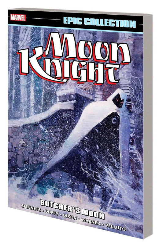 Comic book titled 'Moon Knight: Butcher's Moon' from Marvel, featuring a character in a snowy landscape.