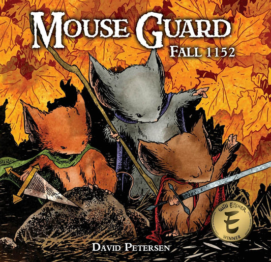 Book cover of 'Mouse Guard Fall 1152' with stylized mice characters against an autumn leaf background.