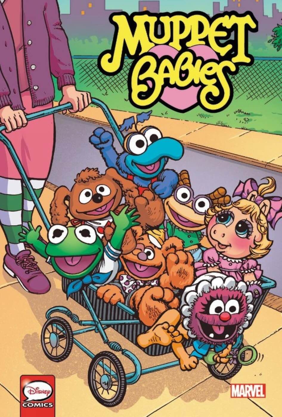 Comic book cover art for Muppet Babies featuring Kermit the Frog, Miss Piggy, Fozzie Bear, Gonzo, and Beavis in a stroller, with the title 'Muppet Babies' at the top and Disney Comics and Marvel logos at the bottom.