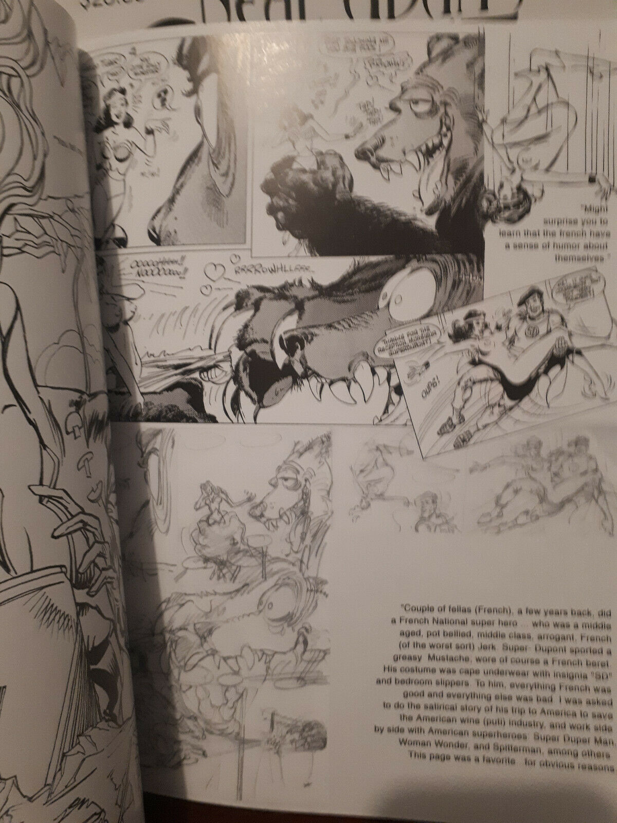 An open book showing printed black-and-white comic-style illustrations and text pages, photographed from above at a slight angle.