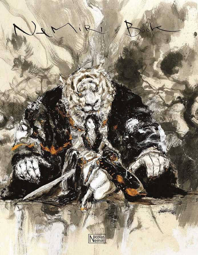 Front cover of the Nemiri Book art collection, featuring a detailed, expressive ink illustration of a character surrounded by stylized black ink clouds.