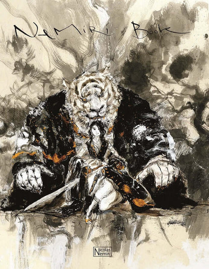 Front cover of the Nemiri Book art collection, featuring a detailed, expressive ink illustration of a character surrounded by stylized black ink clouds.