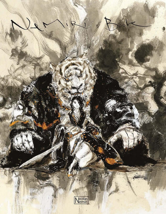 Front cover of the Nemiri Book art collection, featuring a detailed, expressive ink illustration of a character surrounded by stylized black ink clouds.