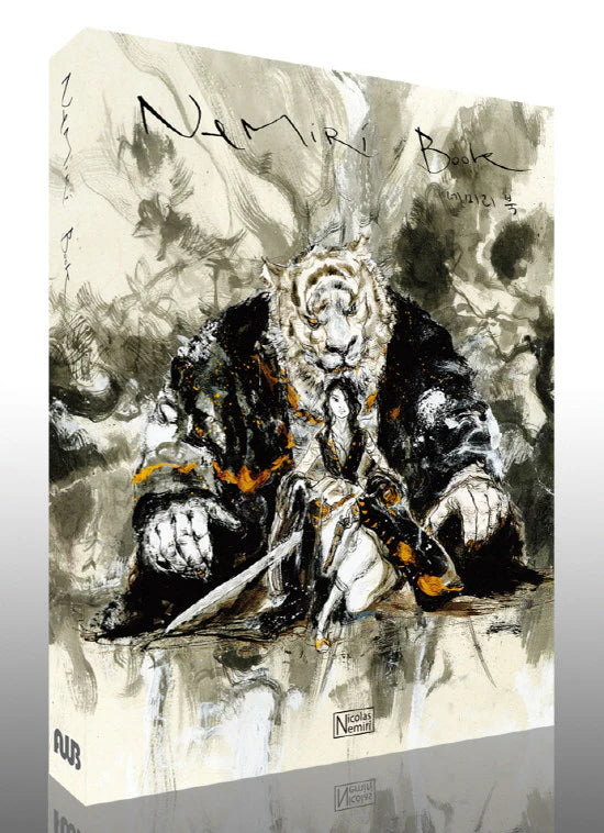 Three-dimensional mockup of the Nemiri Book hardcover art collection showing the cover design.