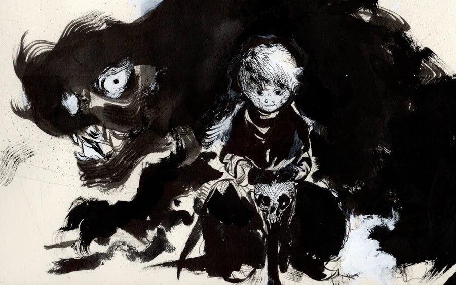 Ink and brush illustration from the Nemiri Book featuring a character against a dark, expressive background.