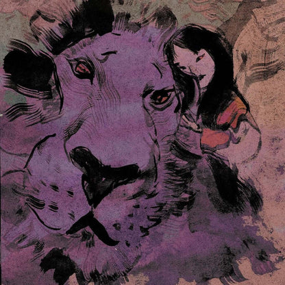 Stylized purple-toned illustration of a lion from the Nemiri Book art collection.