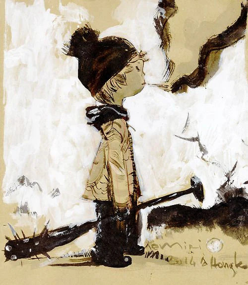 Illustration from the Nemiri Book depicting a character standing with a spiked bat, rendered in the artist's distinctive artistic style.