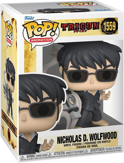 Funko Pop! vinyl figure packaging for Nicholas D. Wolfwood from Trigun, featuring the Funko logo and product details.