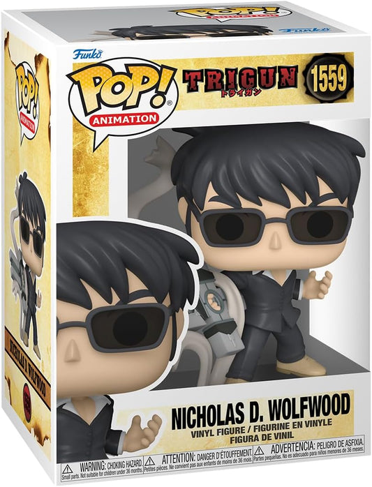 Funko Pop! vinyl figure packaging for Nicholas D. Wolfwood from Trigun, featuring the Funko logo and product details.