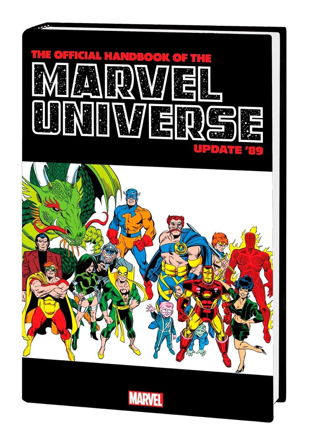 Book titled 'The Official Handbook of the Marvel Universe Update '89' with superhero illustrations on a white background